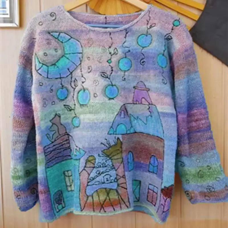 Free Shipping Sweater Women Winter Fashion Outwear Leisure Printed Long Sleeve Hit Color Comfort Loose Female Pullover | Женская одежда