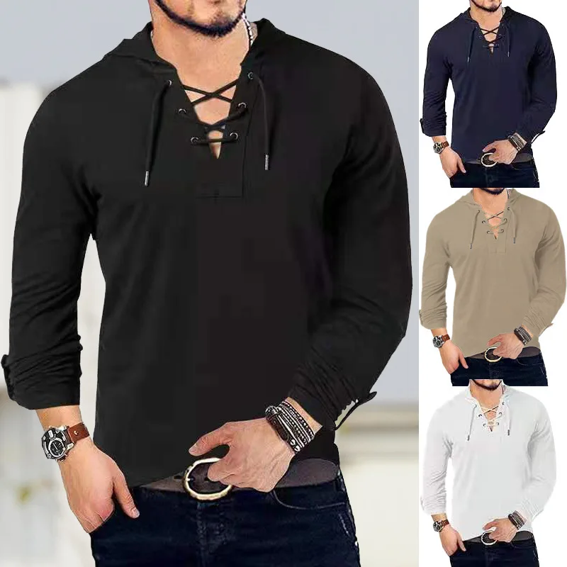 

Men's Polo Shirt Casual Hooded Small V-neck Long Sleeve Fashion Tops Men Clothing Polo Shirts Solid Color Loose