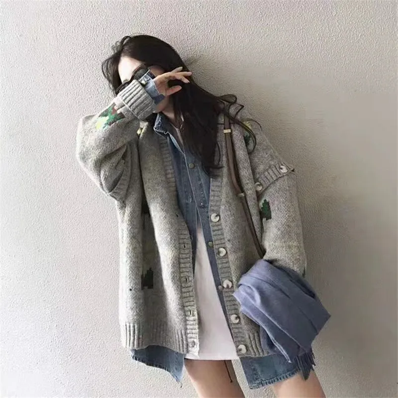 2019 sweater cardigan women loose early autumn and winter new solid color long-sleeved wild knitted jacket |