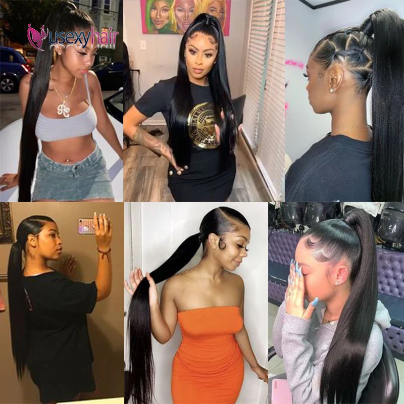 Прямой хвост со шнурком 100% человеческие волосы бразильский Реми Омбре