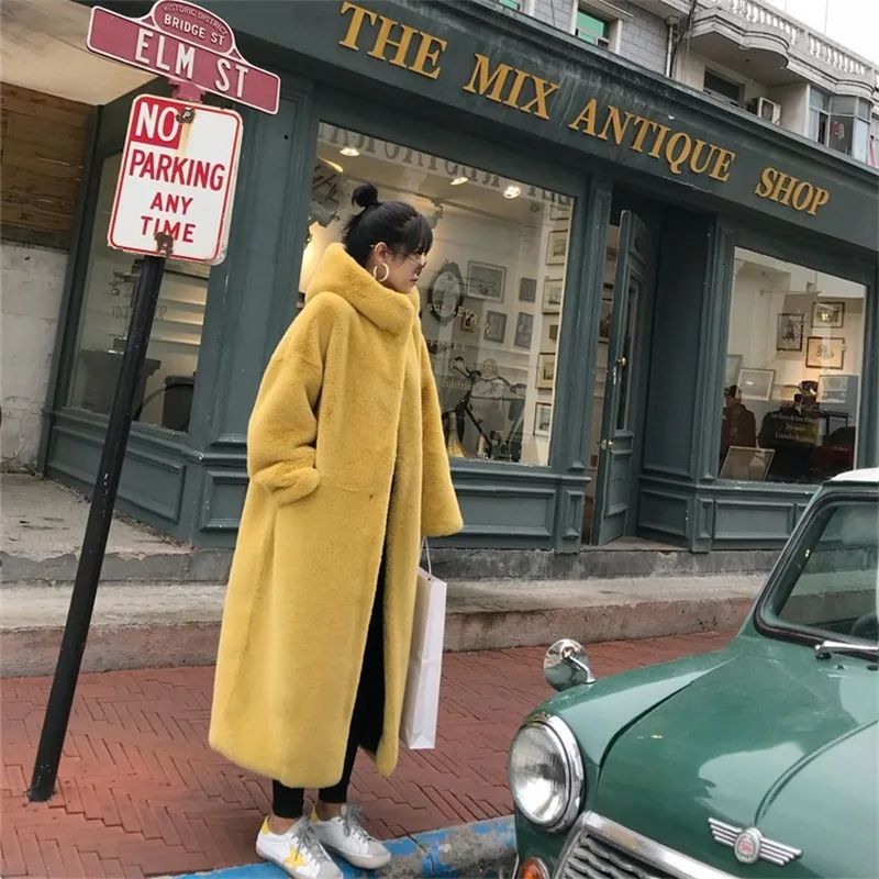 Winter New Korean Top Fashion Imitation Mink Fur Thickened Loose Plush Hooded Long Coat Women High Quality Fluffy Windbreaker