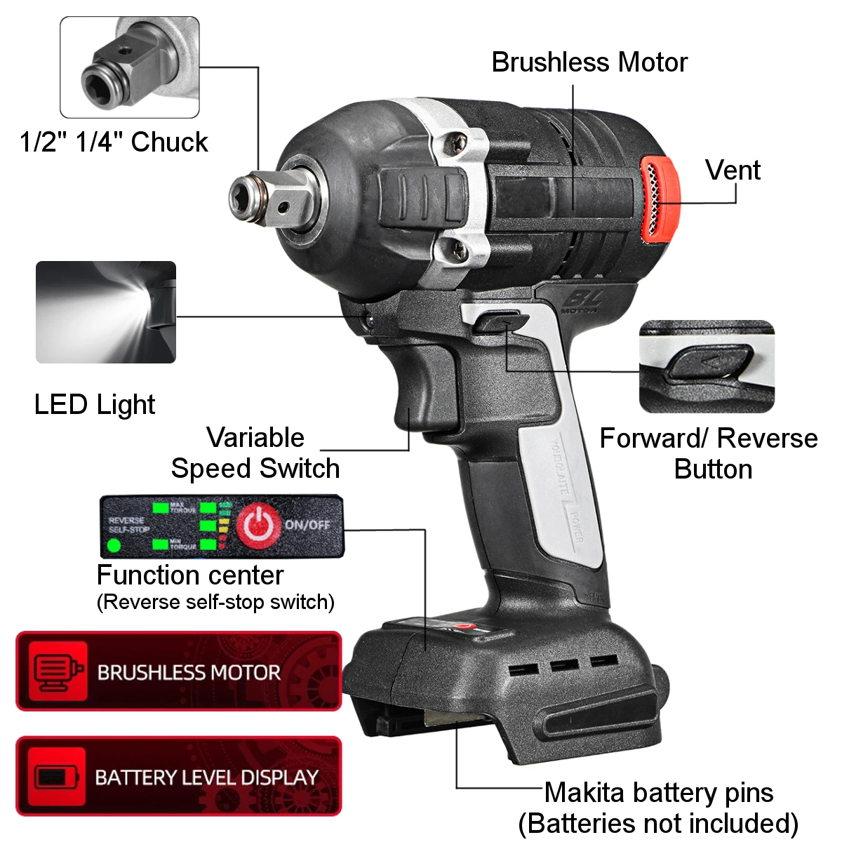 

2 In1 18V 800N.m. Li-Ion Brushless Cordless Electric 1/2"Wrench 1/4"Screwdriver Drill Replacement for Makita Battery DTW285Z