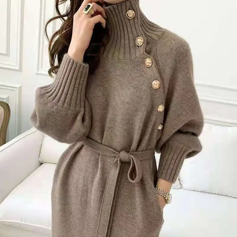 

2021 Autumn Winter Women Knitted Dress Turtleneck Buttons Full Sleeve Korean Dresses Warm Long Sweater Vestidos Female Clothes