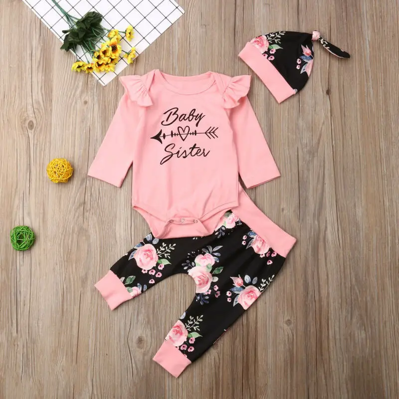 

Cute Infant Baby Girl Letter Printed Romper Long Sleeve Tops + Floral Long Pants +Hat 3PCS Clothes Set
