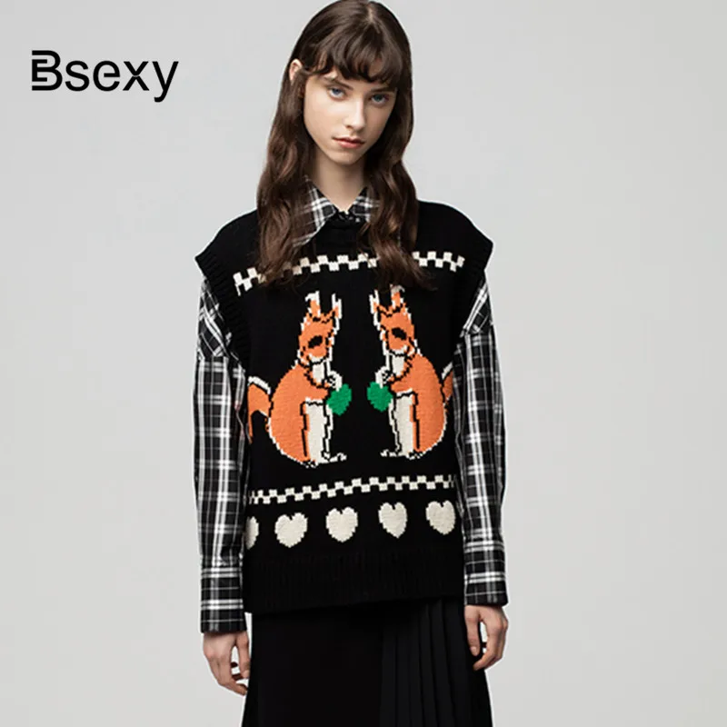 Женский свитер жилет осень 2019 модный без рукавов белки жаккард черный пуловер