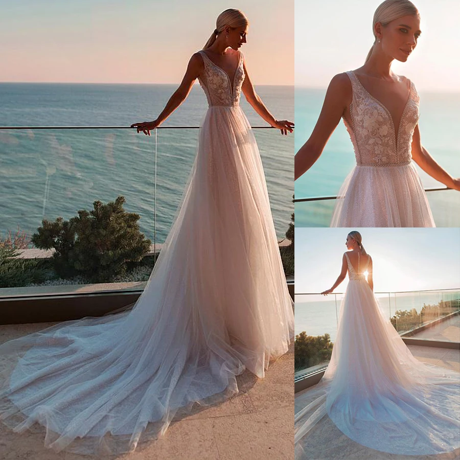 

Winsome Tulle Sheer Deep V-Neckline A-Line Wedding Dress Champagne Tulle Bridal Dress Illusion Back vestido de noiva renda