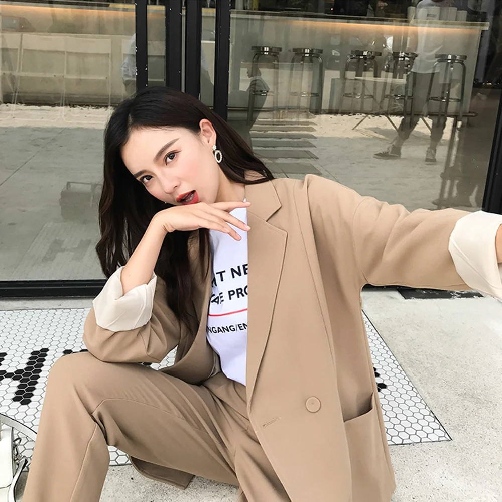 Casual Solid Women Pant Suits Notched Collar Blazer Jacket &amp Pencil Khaki Female Suit Autumn 2019 High Quality | Женская одежда