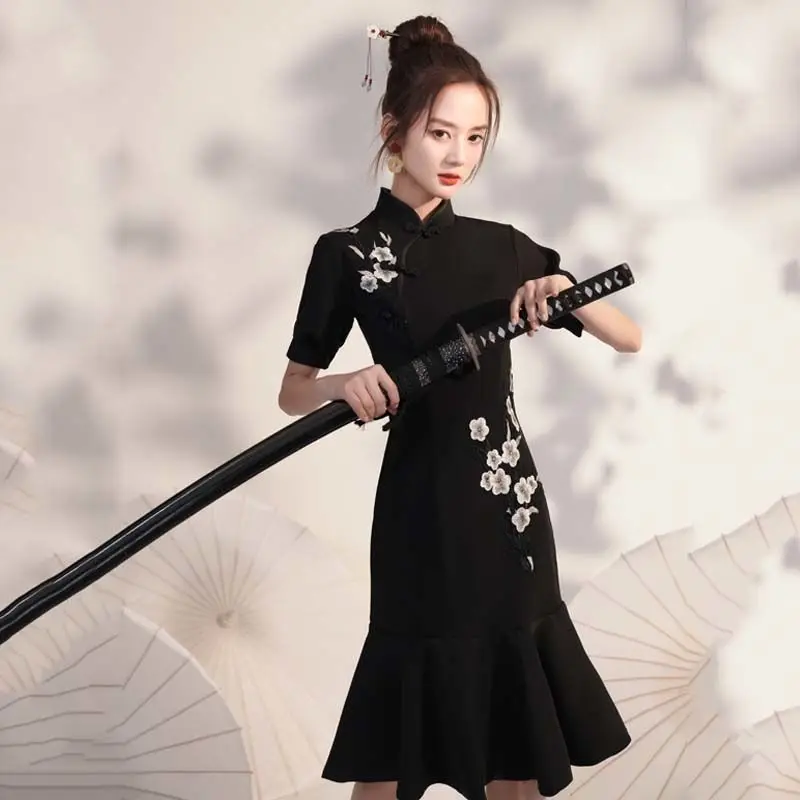 

Summer girls' modified cheongsam black short fishtail dress Chinese women's dress