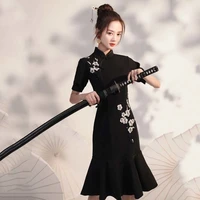 summer girls modified cheongsam black short fishtail dress chinese womens dress