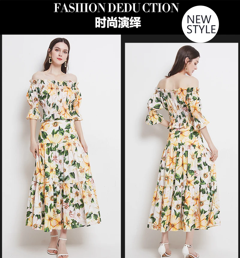 

2021 Summer Women Flower Printing Two Piece Set Slash Neck Elasticity Short Tops + Hight Waist A Line Draped Long Skirt Suit