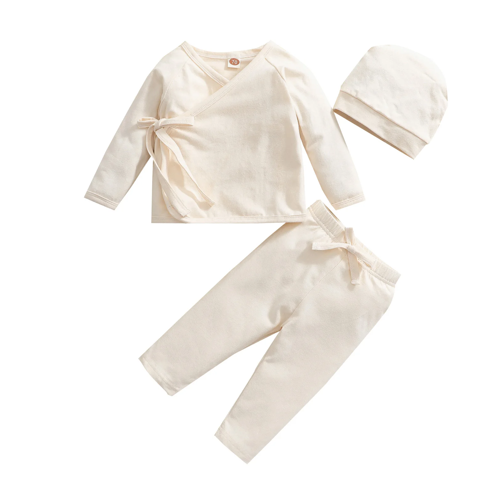 

3Pcs Baby Tracksuits Casual 0-18 Months V-Neck Long Sleeves Tied Tops + Elastic Waist Pants + Hat Suit For Toddlers Girls Boys