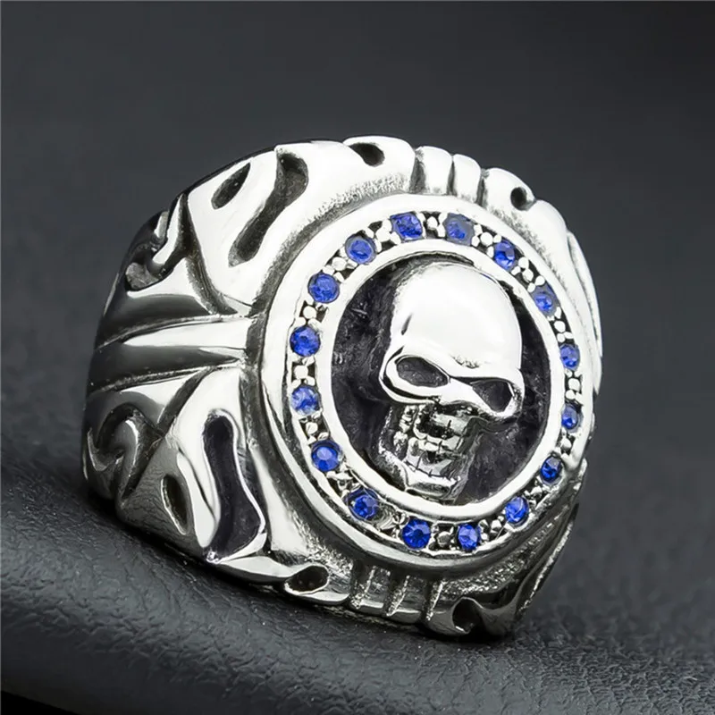Готический Винтажное кольцо Череп Индии кристалл голубой циркон Для мужчин s
