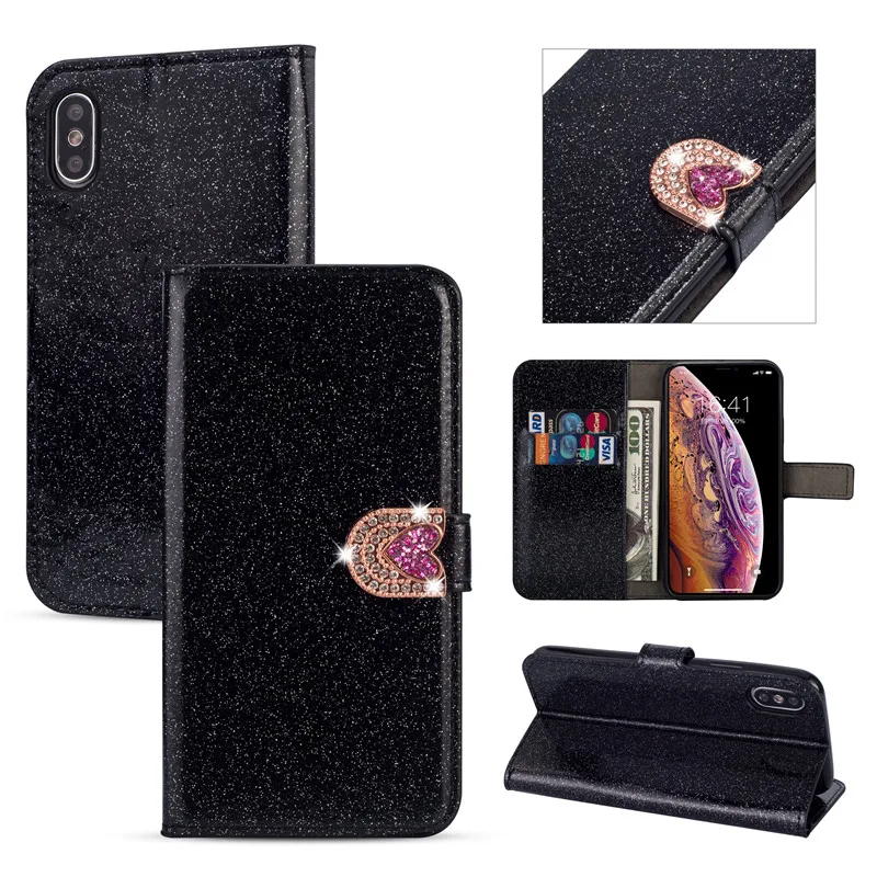 Christmas Gift Glitter Bling Pink Heart PU Flip Leather Wallet Case Cover Phone Shell For Iphone 11 Pro max 5 6 7plus 8s X XR XS | Мобильные