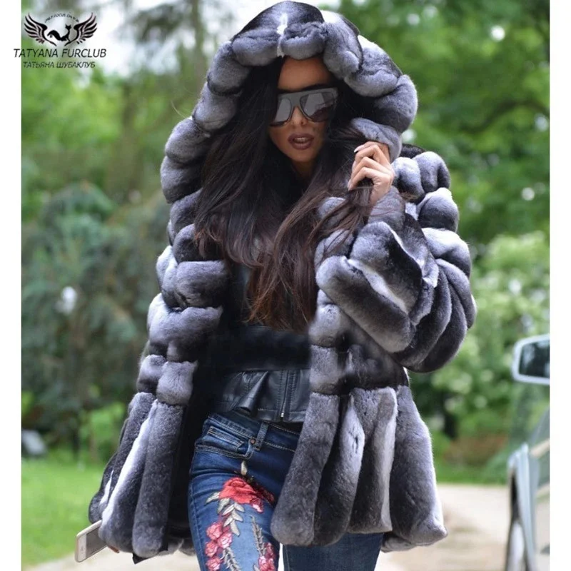 Medium Length Natural Fur Coat Women Real Rex Rabbit Fur Jackets With Hood Chinchilla Color Luxury Fur Overcoats 2022 Trendy