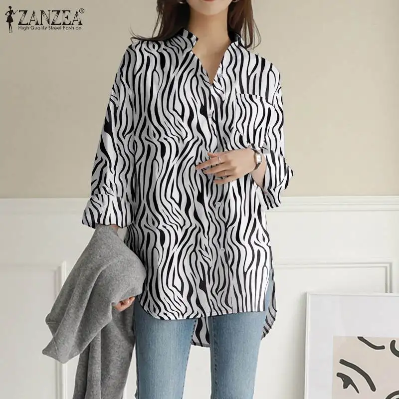 

Oversized ZANZEA Autumn Fashion Women Blouse Shirts 2021 Zebra Printed Long Sleeve Tunic Top Casual Loose Lapel Blusas Femininas