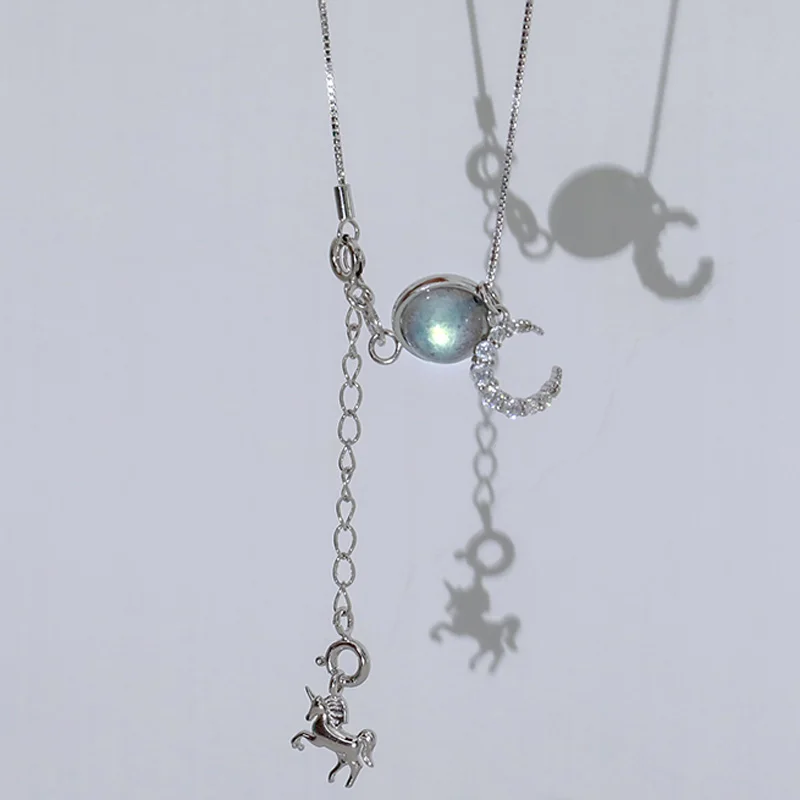 

925 Sterling Silver Elegant Zircon Moon Horse Pendant Moonstone Necklace Choker For Women Gift Fashion Delicate Fine Jewelry