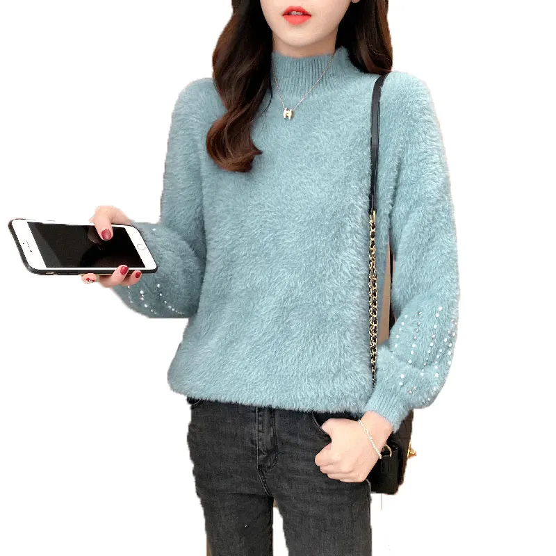 

Soft Mink Cashmere Knitted Turtleneck Women Sweater And Pullovers Winter New Lantern Sleeved Beaded Female Thicken Pulls Tops