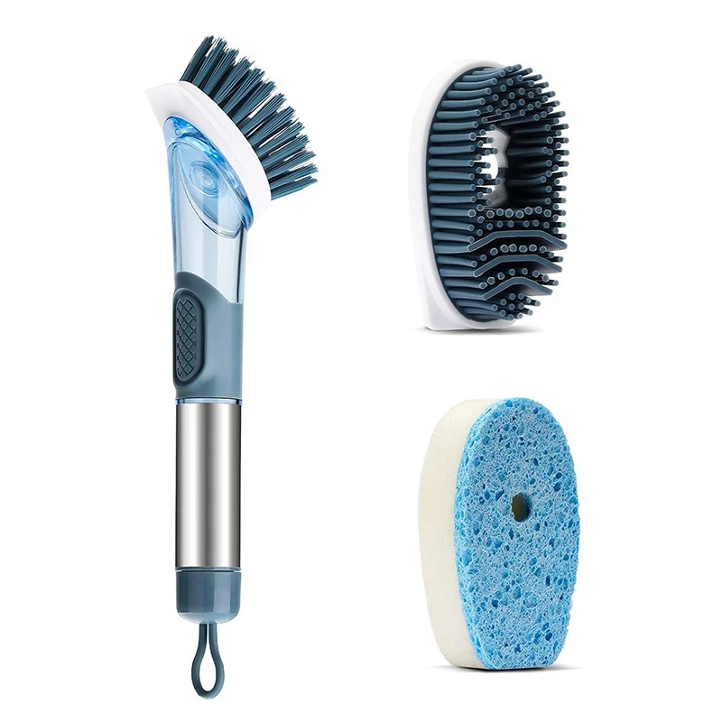 

Dishwashing Brush with Soap Dispenser Heavy-Duty Kitchen Scrubbing Brush with Multi-Function Changing Head for Dishes