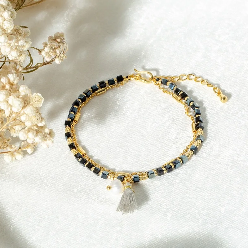 

2021 Bohemia Bracelet Natural Stone Small Pendant Geometric Square Crystal Double Chain Friendship Bracelets for Women Jewelry
