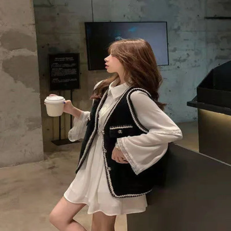 

2021 Spring Autumn Women's Vest Vintage Tops Female V-neck Knit Sweater Coat Ladies Single Breasted Sleeveless Waistcoat Q289