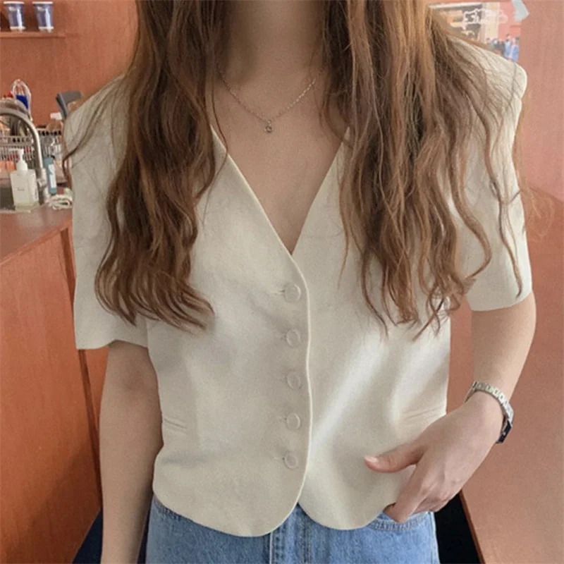 

HziriP French Beige Minimalist Solid V-Neck All Match Office Lady Blazers 2021 Chic Streetwear Summer Elegance Slim Tops Clothe