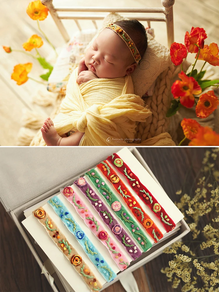 Embroidery Headband Headdress Head Flower Baby Full Moon One Hundred Days Old Newborn Photography Props Accessories