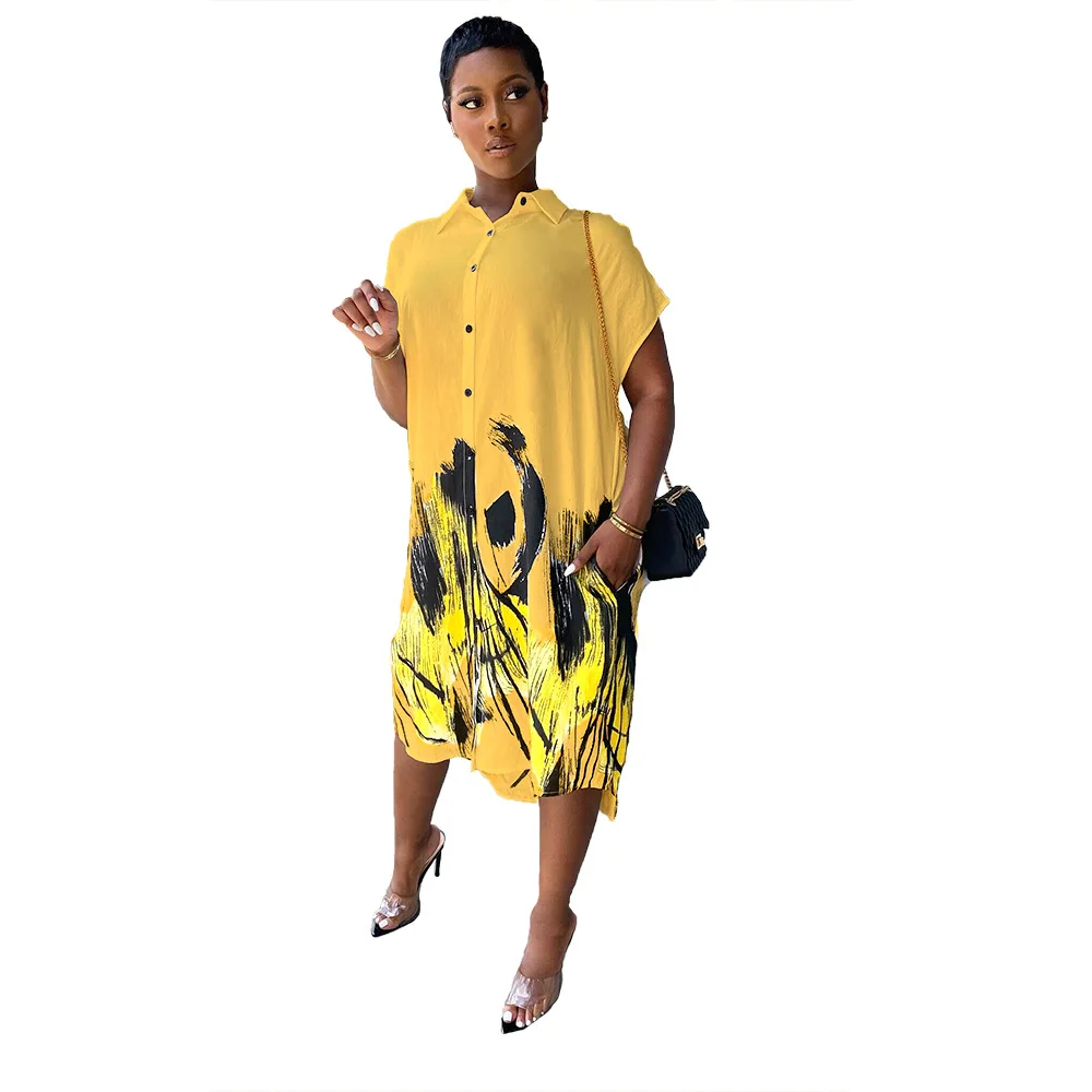 

SSEURAT 2021 Women Summer Print Button Up Short Sleeve Mid Calf Length Dress Blouse Shirt Fashion Dresses 3 Color