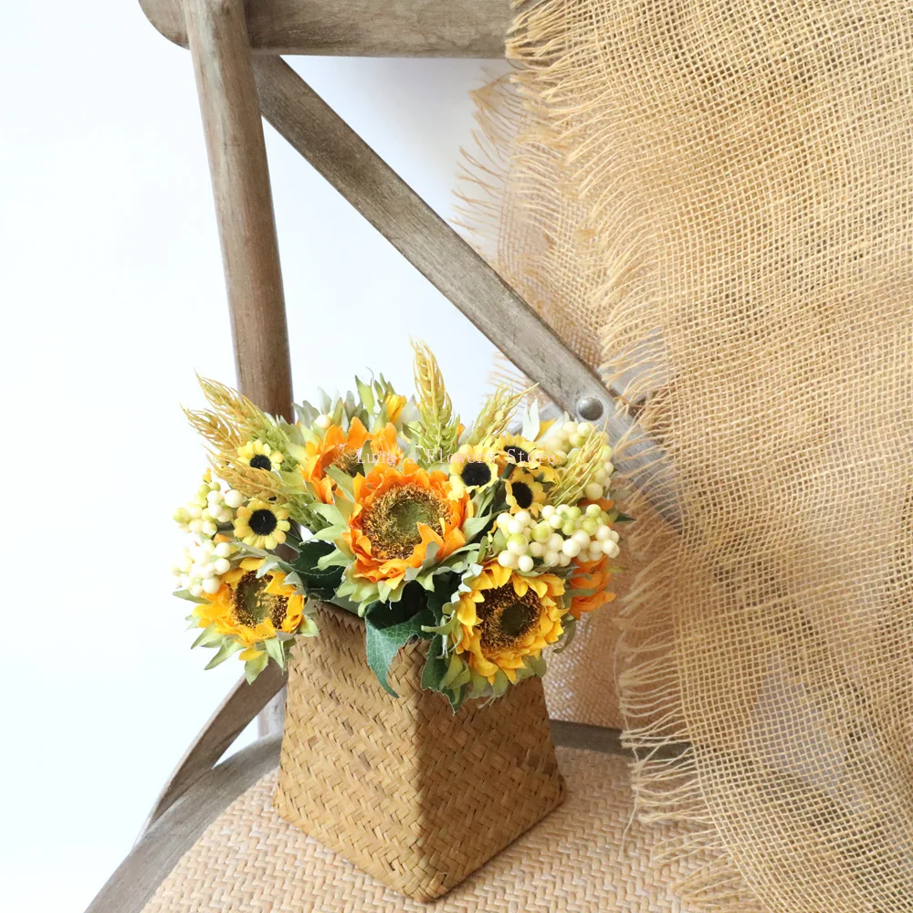 

27CM Beautiful Sunflower Bouquet Silk Flower High Quality Artificial Flower Home Garden Party Wedding Decoration DIY
