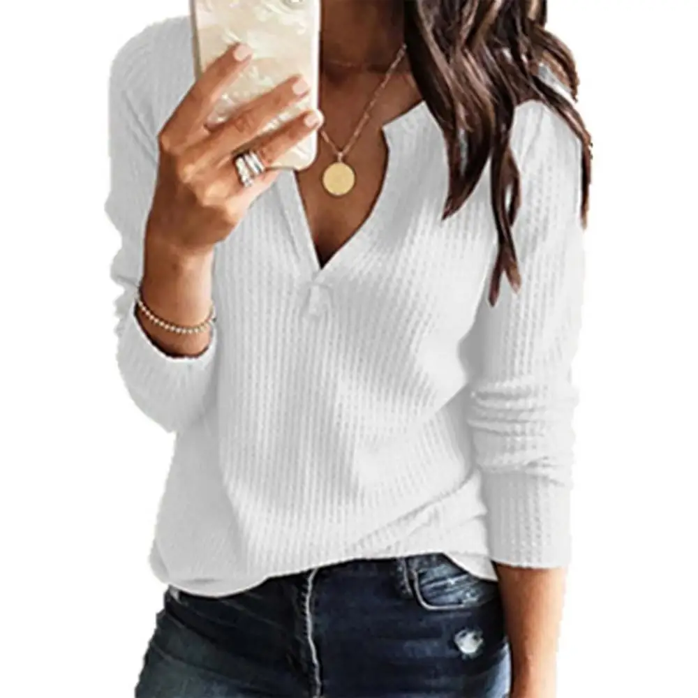 

Fashion Women V Neck Solid Color Long Sleeves Loose Casual Top T Shirt Blouse