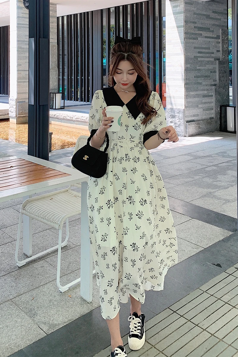 

8058# Summer Korean Fashion Printed Chiffon Maternity Long Dress Elegant A Line Loose Clothes for Pregnant Women 4XL Pregnancy