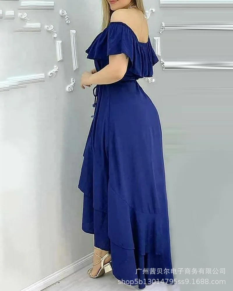 

Women Dress Blue Belt Ruffled Shoulder Ruffled Sleeve Zipper Fold Irregular Skirt Dress Party Fresh and Elegant Cake Dress