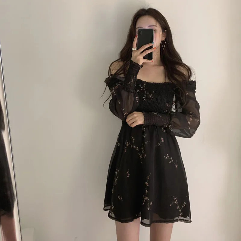 

2021 Spring Women Sexy Black Dress Vintage Flower Long Puff Sleeve Chiffon Dresses Korean Casual Mini dress Clothes