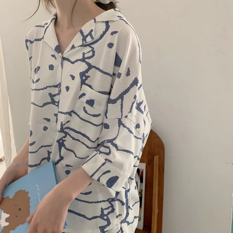 

New Ins Pajamas Women's Cardigan Summer Short-sleeved Thin Section Sleepwear Kayeva Pajamas Home Service 2-piece Set Pajamas