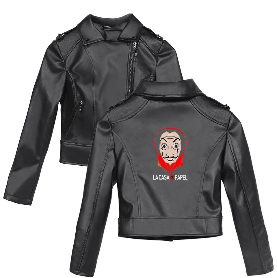 

La Casa De Papel Black Pu Leather Jacket Women Money Heist House of Paper Lady Motorcycle Faux Leather Short Coats Outerwear