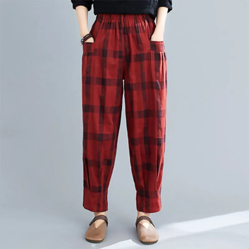 

2020 Spring Autumn New Arts Style Women Elastic Waist Loose Vintage Pants Cotton Linen Plaid Casual Harem Pants Plus Size S46