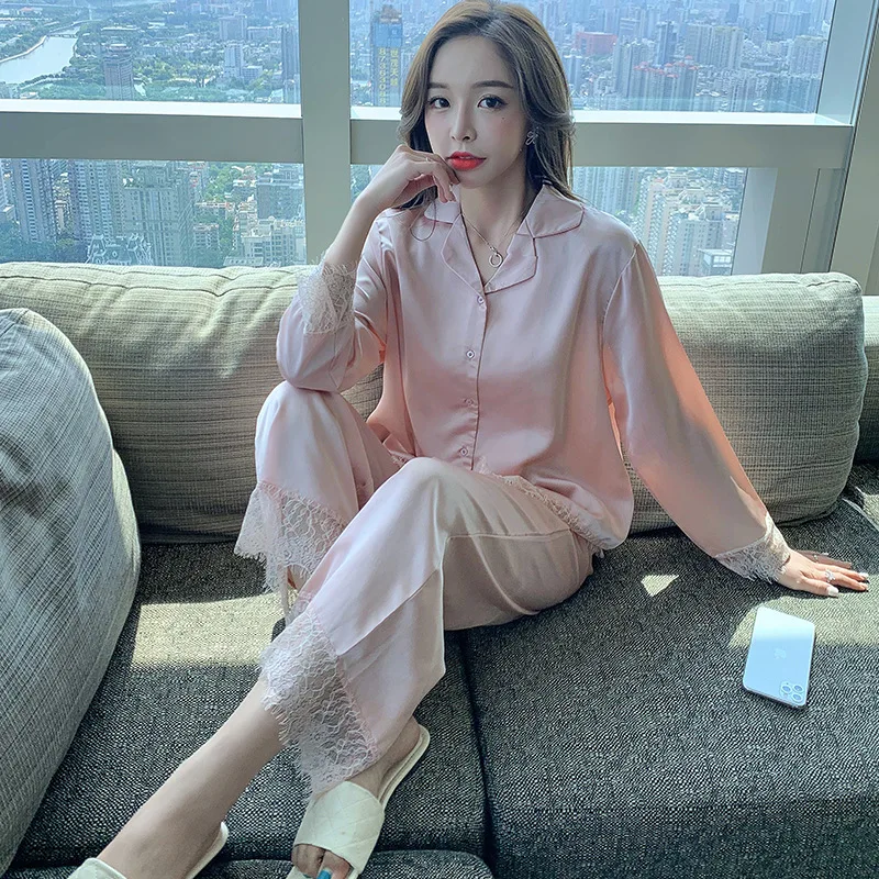 Korean Pajamas Women's Autumn Ice Silk Long Sleeve Lace Button Cardigan Casual Thin Home Suit Female Sleepwear Lady Nightwear