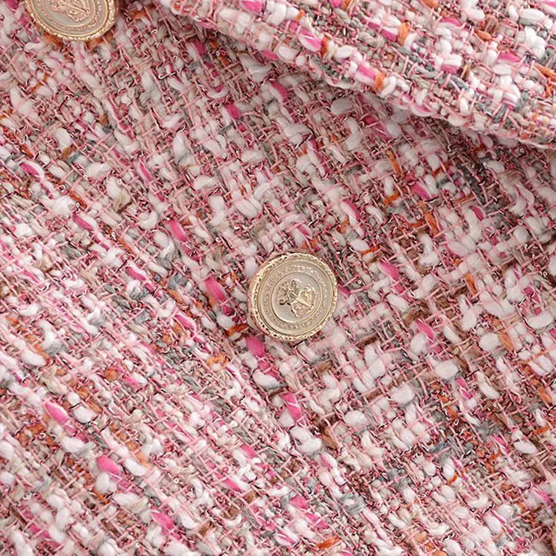 Женский твидовый двубортный пиджак с карманами приталенный деловой длинным