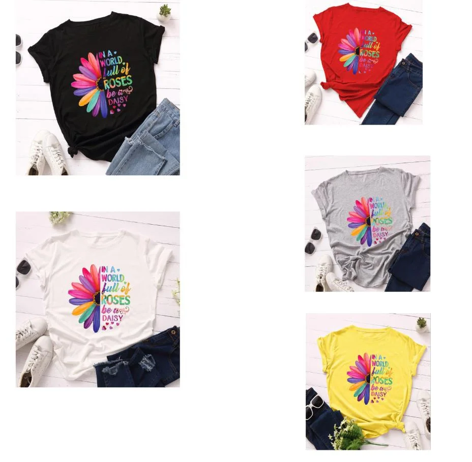 

2021 New Plus Size S-3XL Hot Women's New Fashion Loose Top T-shirt Daisy Sunflowers Pattern Round Neck Short Sleeve