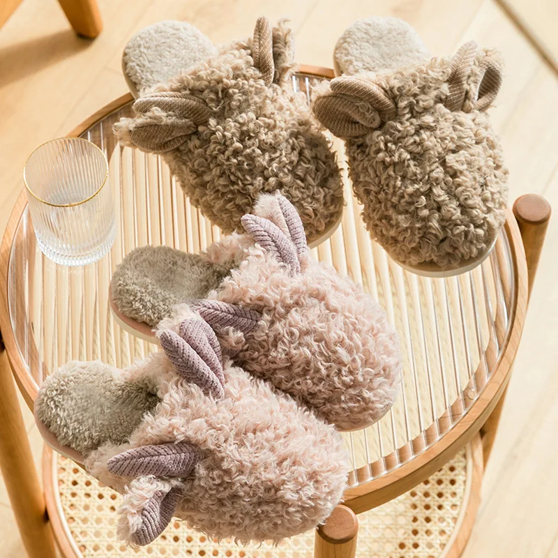 2021 Cute Deer Horns Furry Shoes for Women Men Cartoon Home Slippers Plush Warm Fluffy Slippers Maternity Slippers Flats