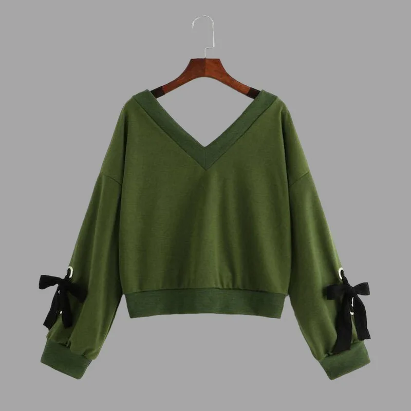 Fashion Sweatshirts Women Sexy V-Neck Bowknot 2019 New Autumn Casual Solid Color Long Sleeve Pullovers Loose Slim Fit Sweatshirt | Женская