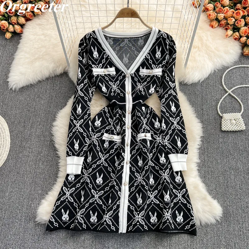 

Spring Fall V-neck Black Knitted Sweater Dress Women Vestido Feminino Retro Single-breasted Long Sleeve High Waist Mini Dresses