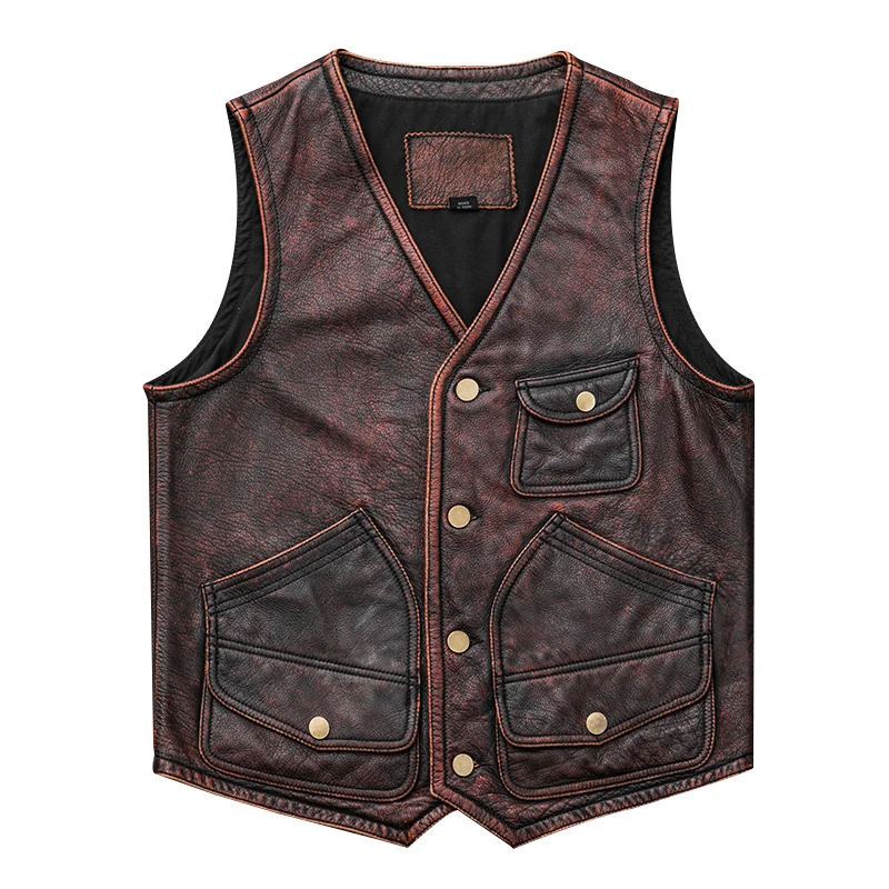 

2020 Vintage Brown Men American Casual Style Short Motorcycle Genuine Cowhide Slim Fit Biker's Leather Vest