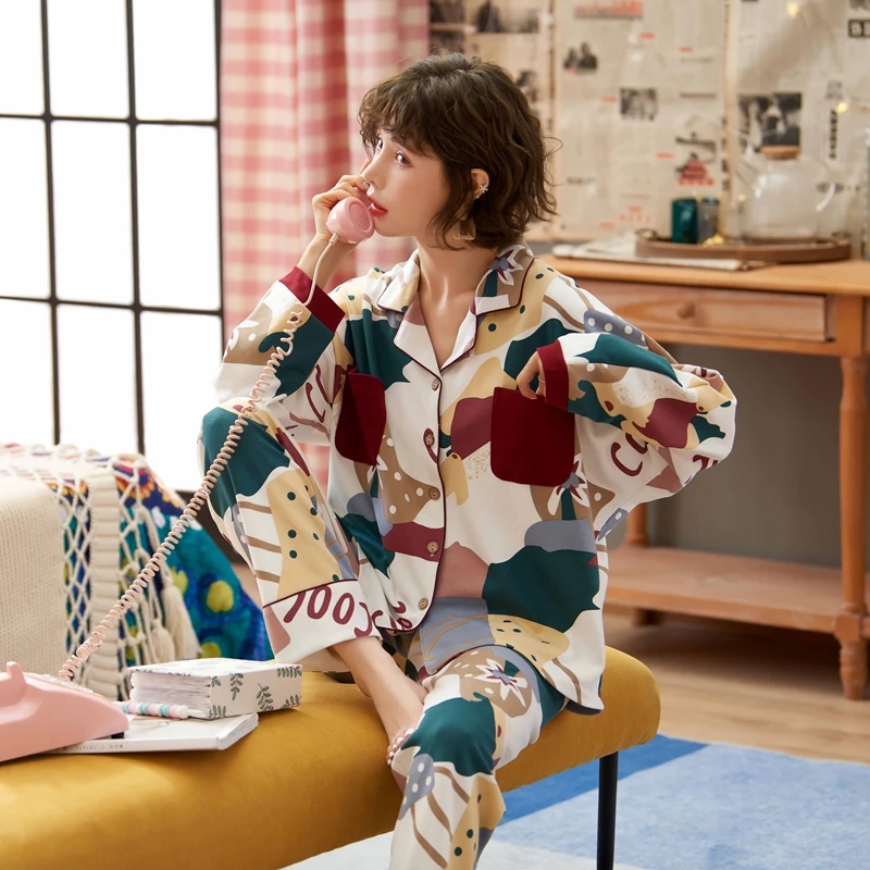 Женская разноцветная Пижама BZEL комплект из 2 предметов топ с длинными рукавами и