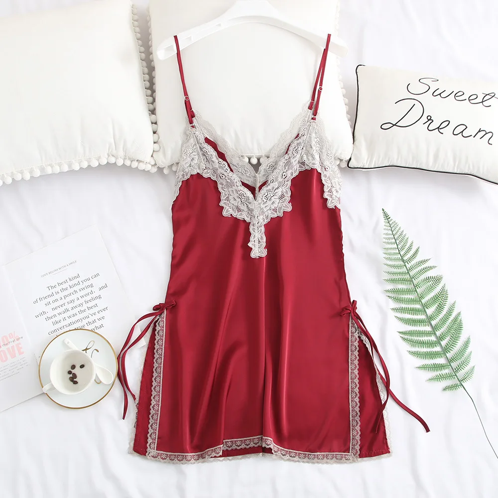 

Women Plus Size Sexy Split Lace Nightdress Comfort Satin Silk Strap Pajamas Deep V-neck Lace PajamasRedBlack Da2030