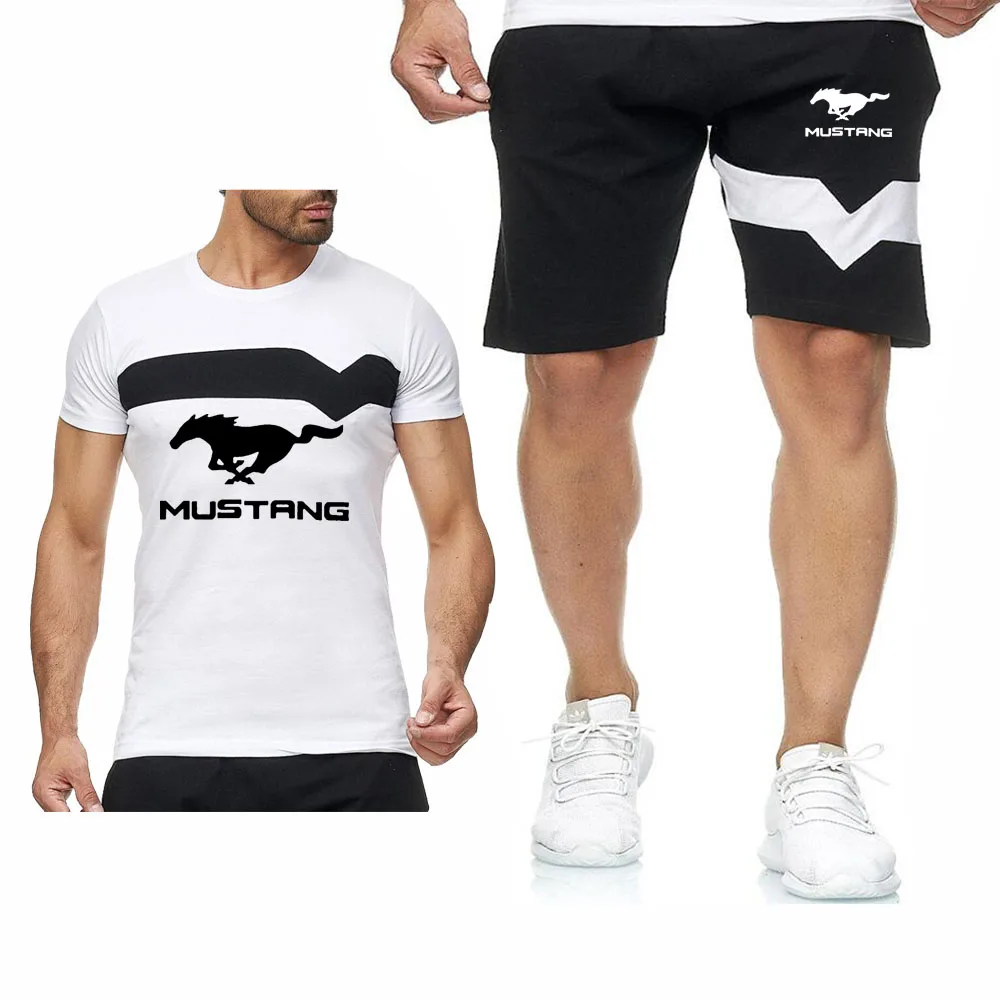 

Summer Mens Suit Mustang Car Logo Men's Short Sleeve Splice Casual Fashion Short Sleeve Crew neck T-Shirt+Pants Suit 2Pcs