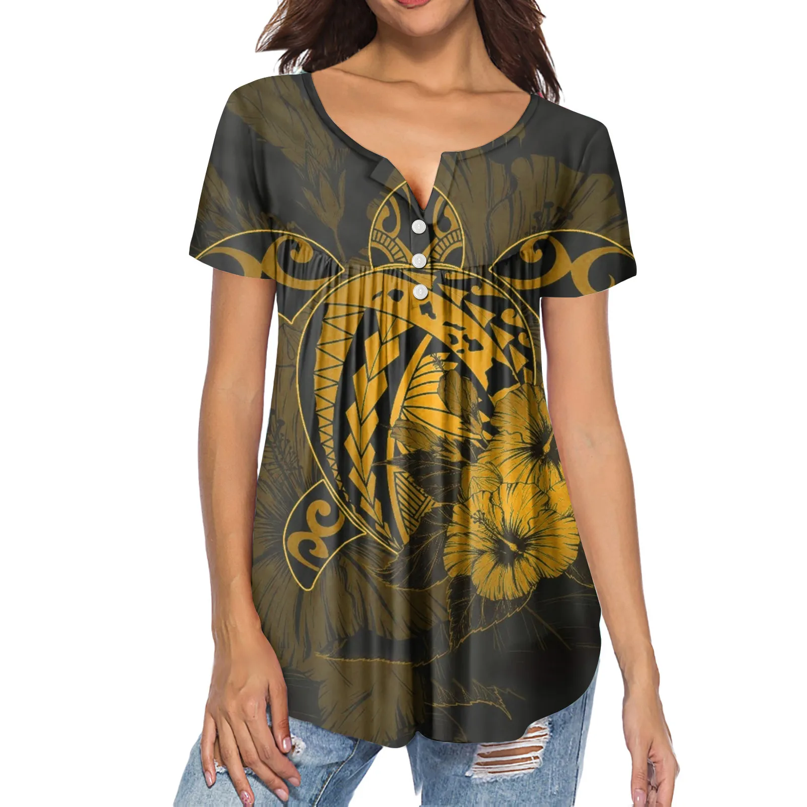 

HYCOOL Polynesian Tribal Print Plus Size Blouse Custom Women Short Sleeve Pleated Buckle Shirt Dark Yellow Ladies Chiffon Tops