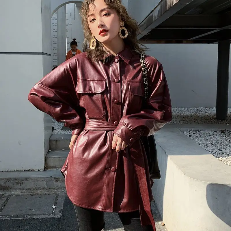 LANMREM 2020 женская кожаная куртка средней длины винно красного цвета на осень новая