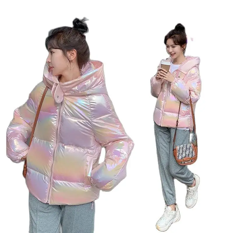 

Women's 2021 Winter New Cotton-padded Clothes Wash-free Bright Loose Coat Cotton Jacket Women Short Colorful Hooded Padded Top