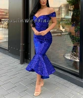 full sequin royal blue mermaid prom dresses plus size glitter short formal evening dress trumpet off shoulders african prom gown