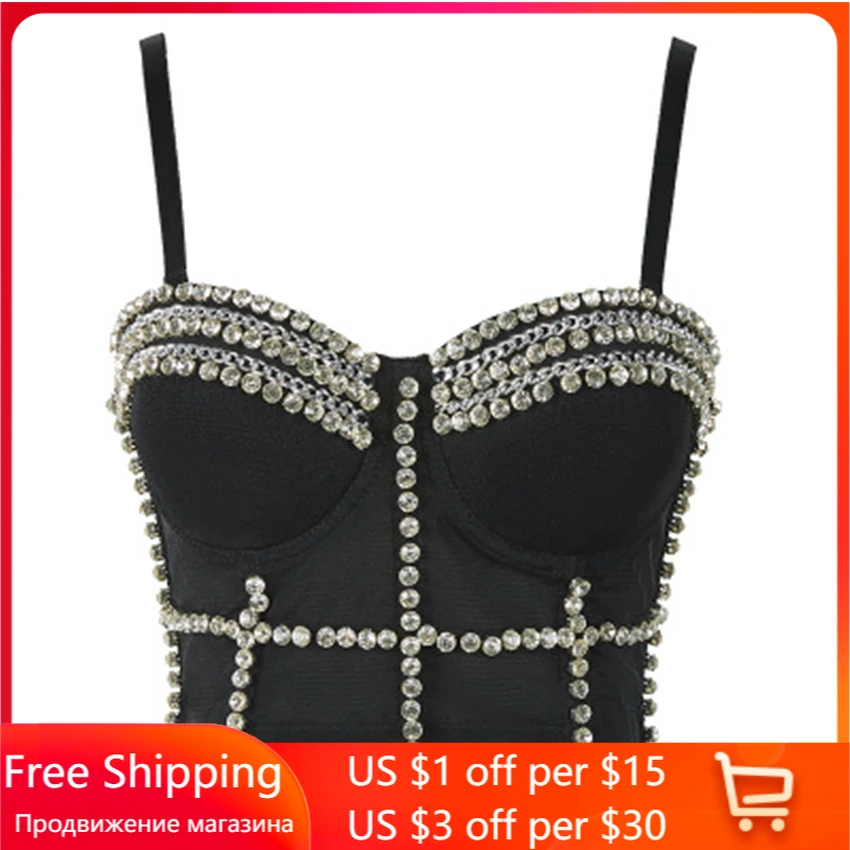 

Corset Tops Women 2021Bright Beads Diamond White Sling Crop Top With Straps Sexy Top Women Nightclub Body Shaping Mujer